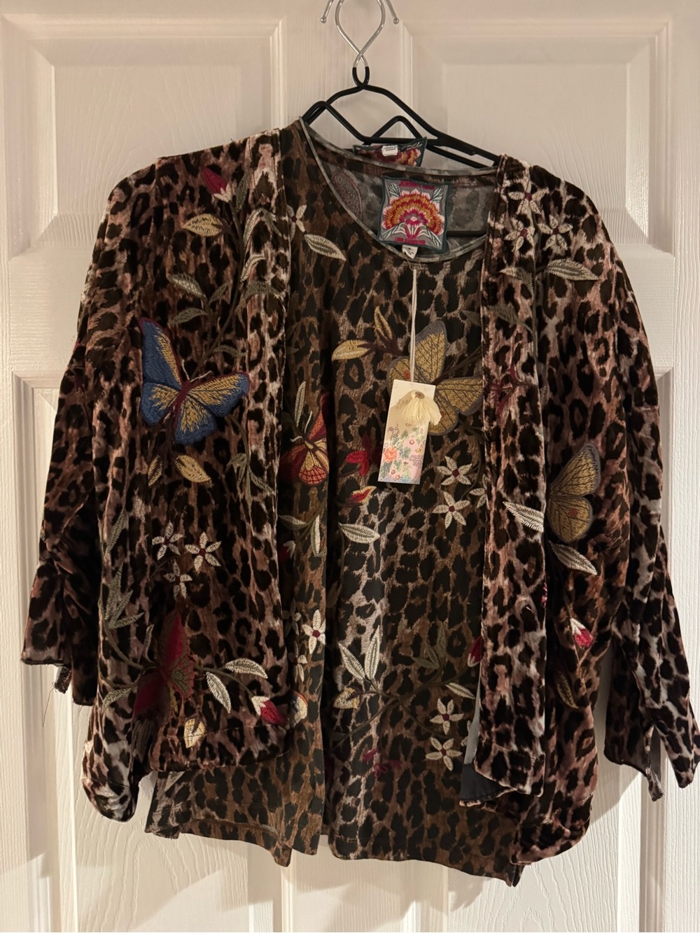 Johnny Was Leopard Velvet Jacket with Embroidered Butterflies with Matching Top